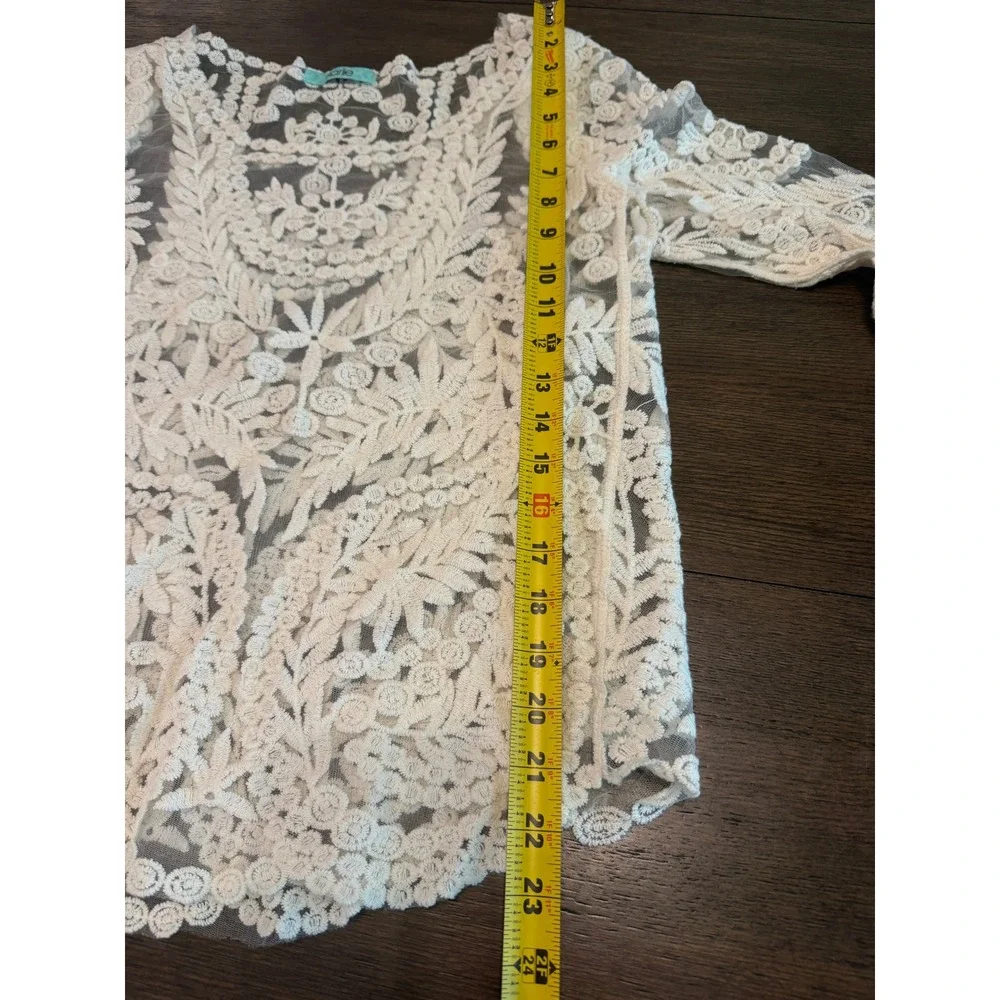 Karlie White Sheer Mesh Lace Floral Embroidered Boho Top 3/4 Sleeve‎ Small